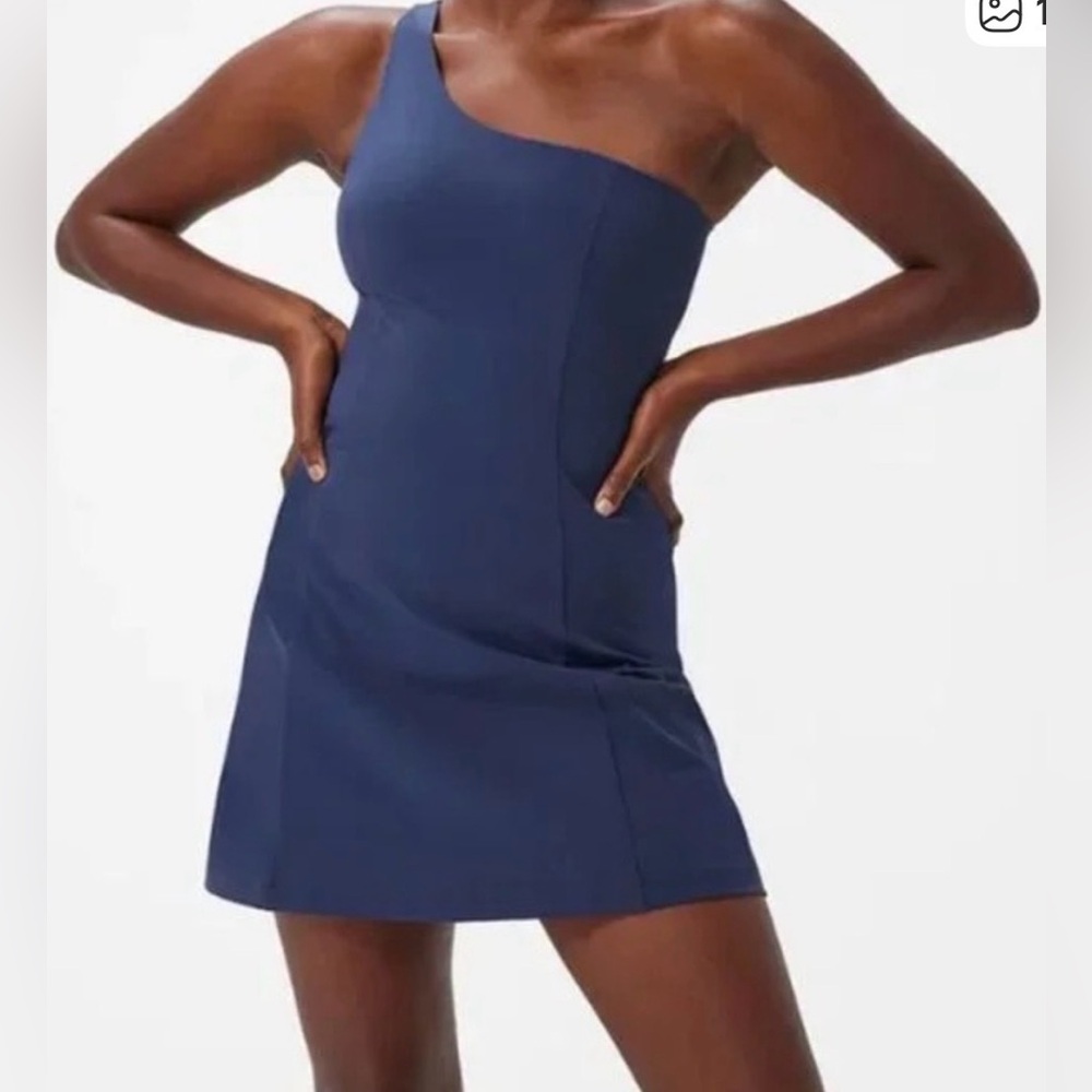NEW NWT Woman OUTDOOR VOICES dark Sky Blue One Shoulder Athletic Dress Sz Small